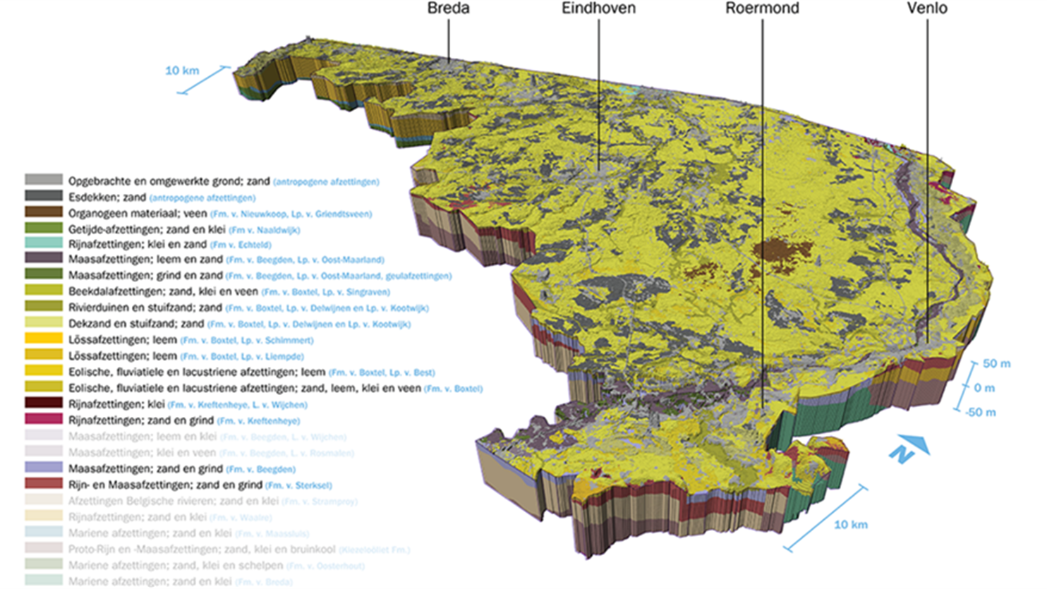 Impression of the GeoTOP model of North Brabant and North & Central Limburg with geological units and their main soil types.