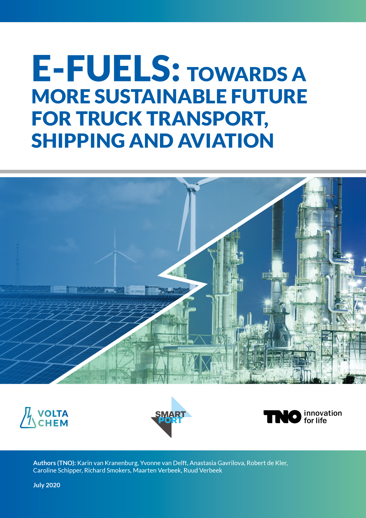 Cover van het whitepaper "E-fuels: towards a more sustainable future for truck transport, shipping and aviation", met zonnepanelen en chemische fabriek als beeld