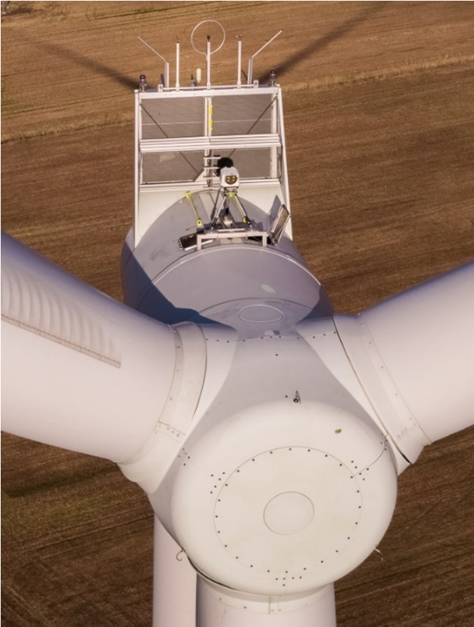 Vaisala WindCube Nacelle LiDAR on the roof of a wind turbine nacelle