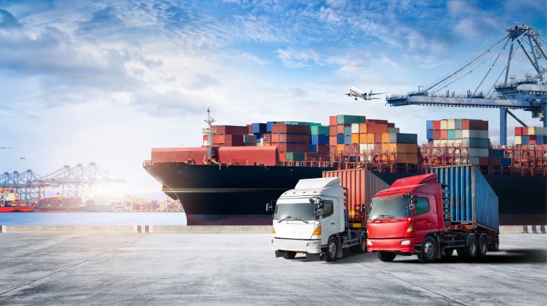 Two lorries being loaded at a port with container ships in the background.