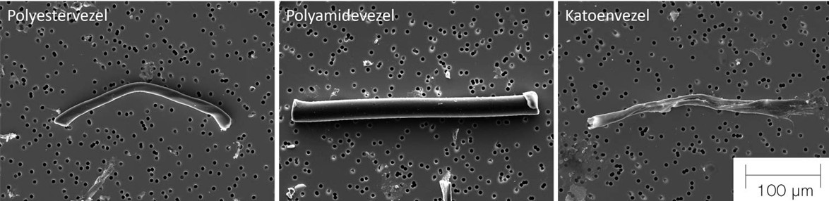 Elektronenmicroscopieplaatje van drie verschillende vezels (polyester-, polyamide- en katoenvezel)