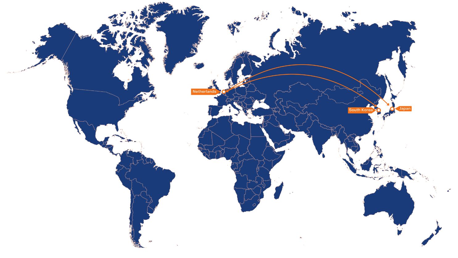 tno locaties Zuid-Korea en Japan op de wereldkaart