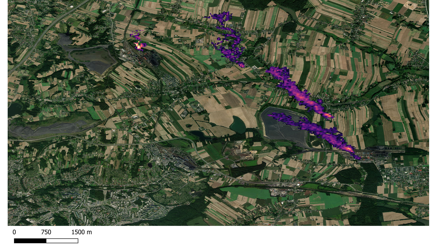 Four methane plumes near Zofiówka in Poland as observed with GHGsat in 2022. These satellite observations are used to quantify methane emissions in the Upper Silesian Coal basin.