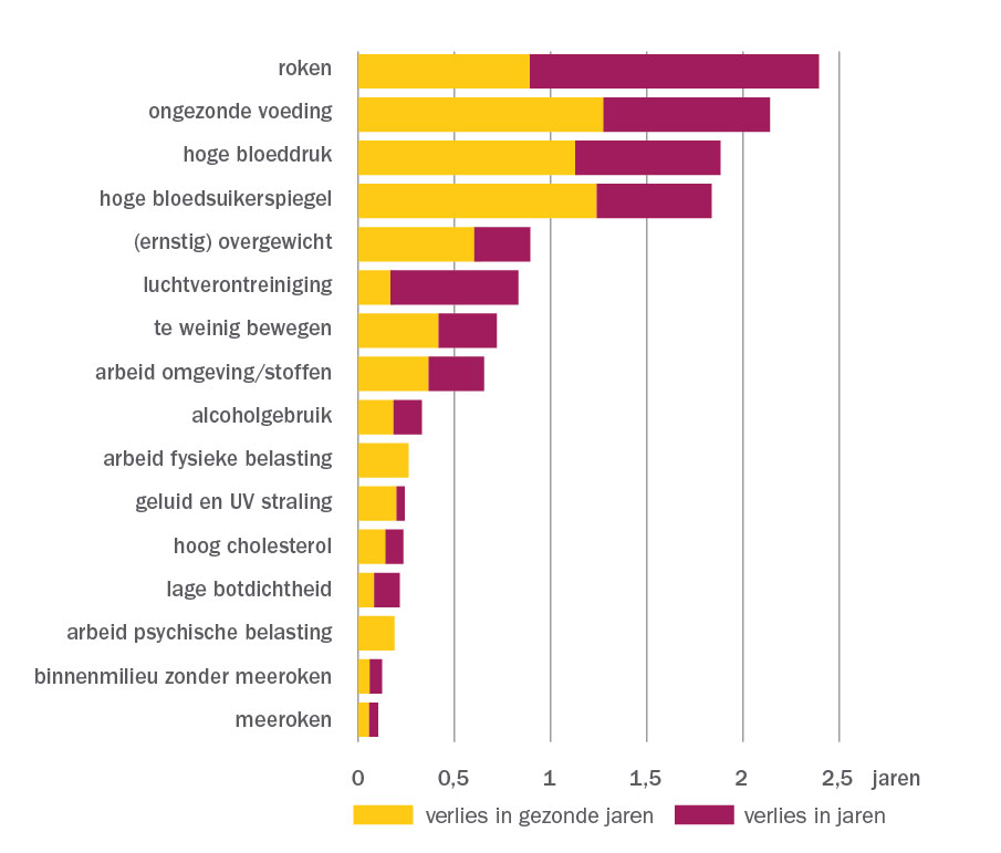 Verlies aan jaren door vroegtijdige sterfte en gezonde jaren door verschillende oorzaken in 2015.