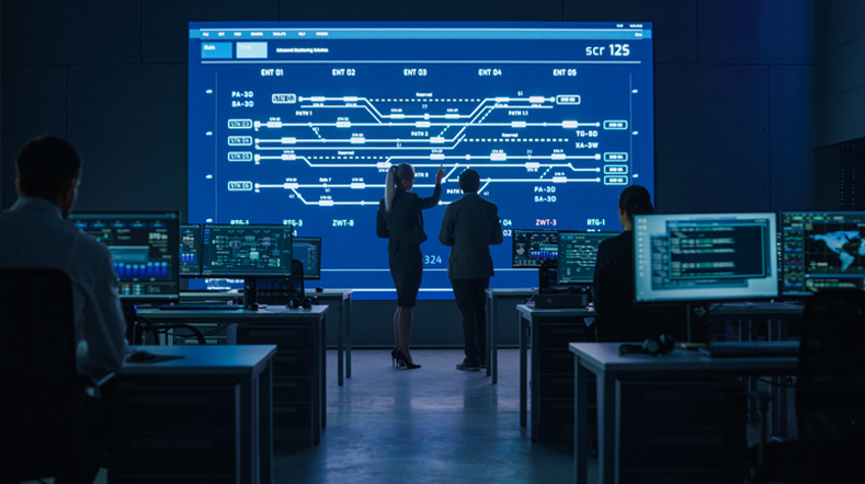 Twee werknemers staan voor een scherm in een werkkamer en wijzen naar digitale elementen