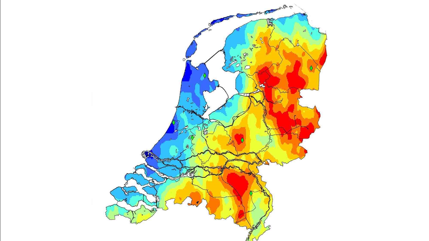 Satellietkaart van dagelijkse metingen die laten zien hoe ammoniak verspreid is over Nederland