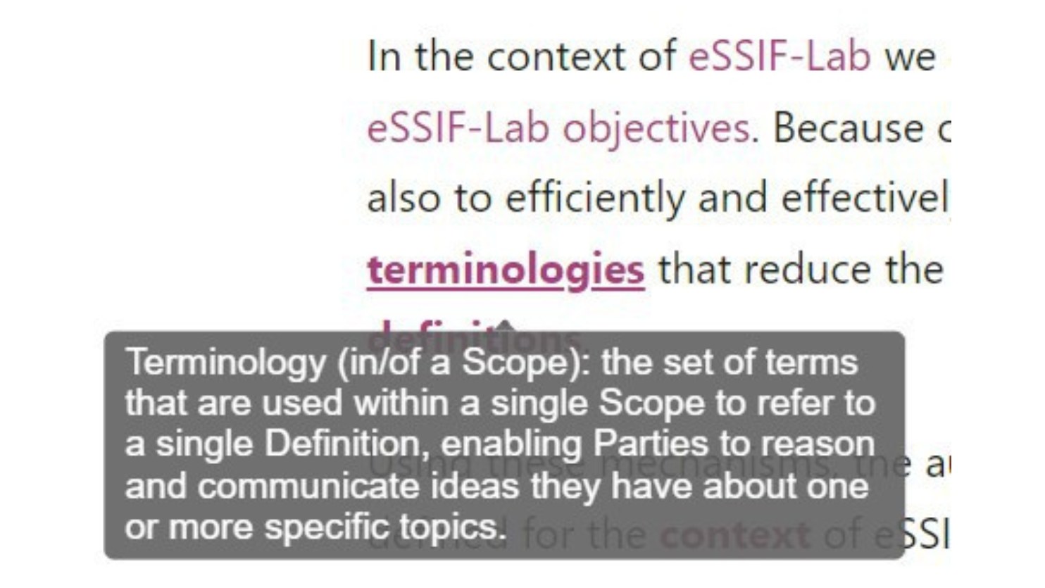 Example of TNO Terminology Design popup as produced by a prototype implementation of the tool, for a term that was defined in the eSSIF-Lab Framework.