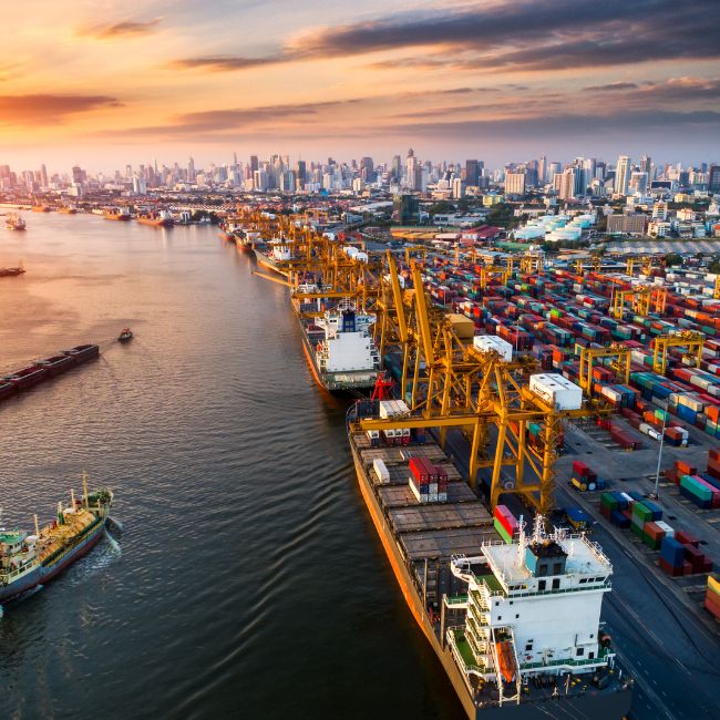 Harbour with ships for logistic purposes