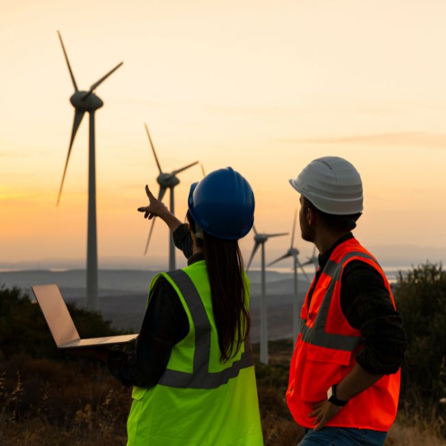 Employees looking at wind turbines during sun set
